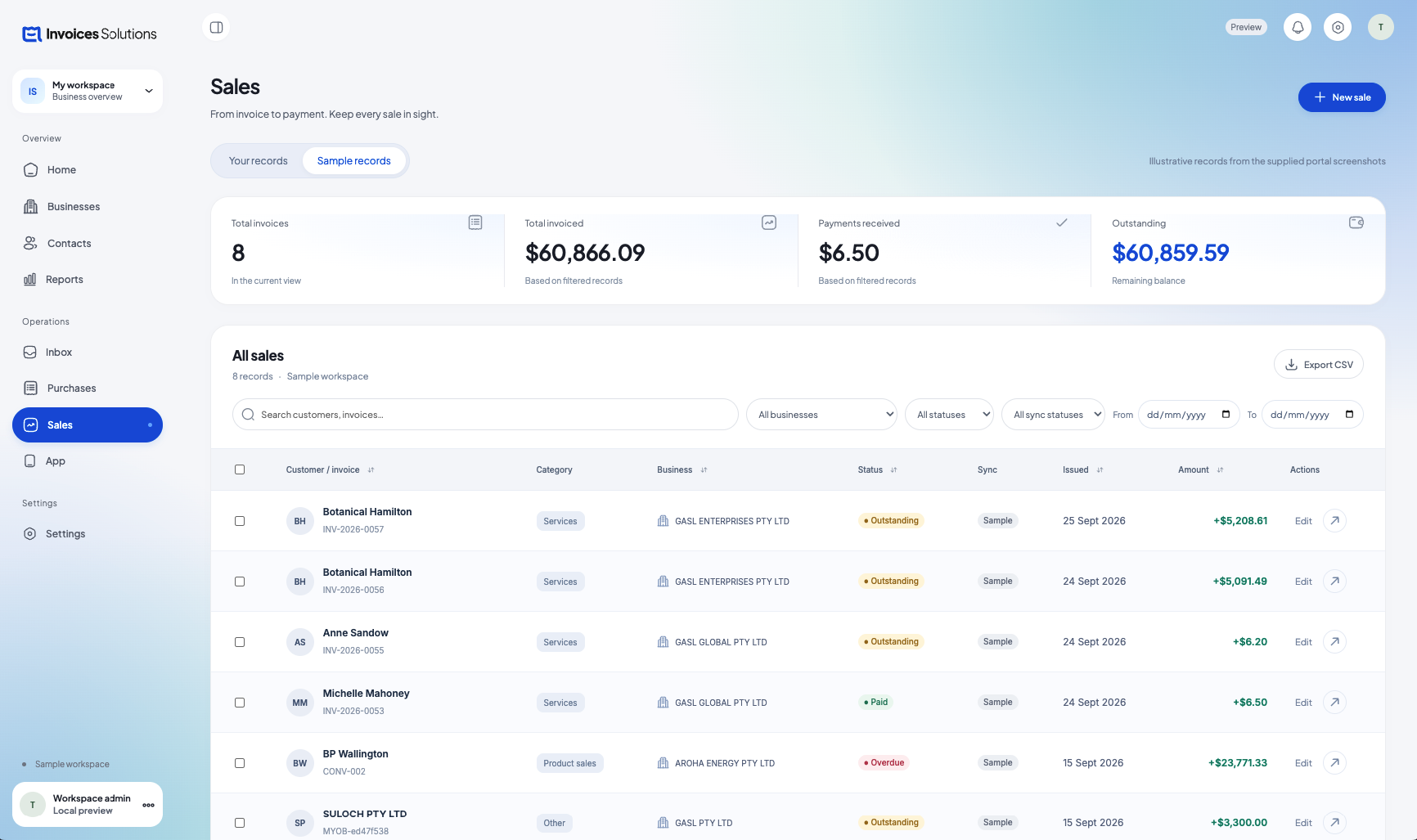 Sales list showing invoices, amounts and payment status